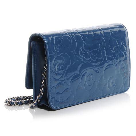 CHANEL Patent Camellia Wallet on Chain WOC Royal Blue .